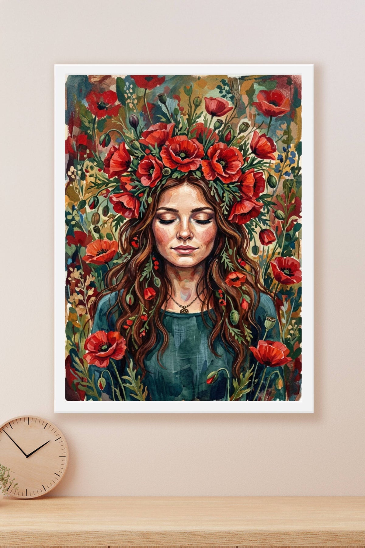 Poster Femme aux coquelicots, couronne de fleurs