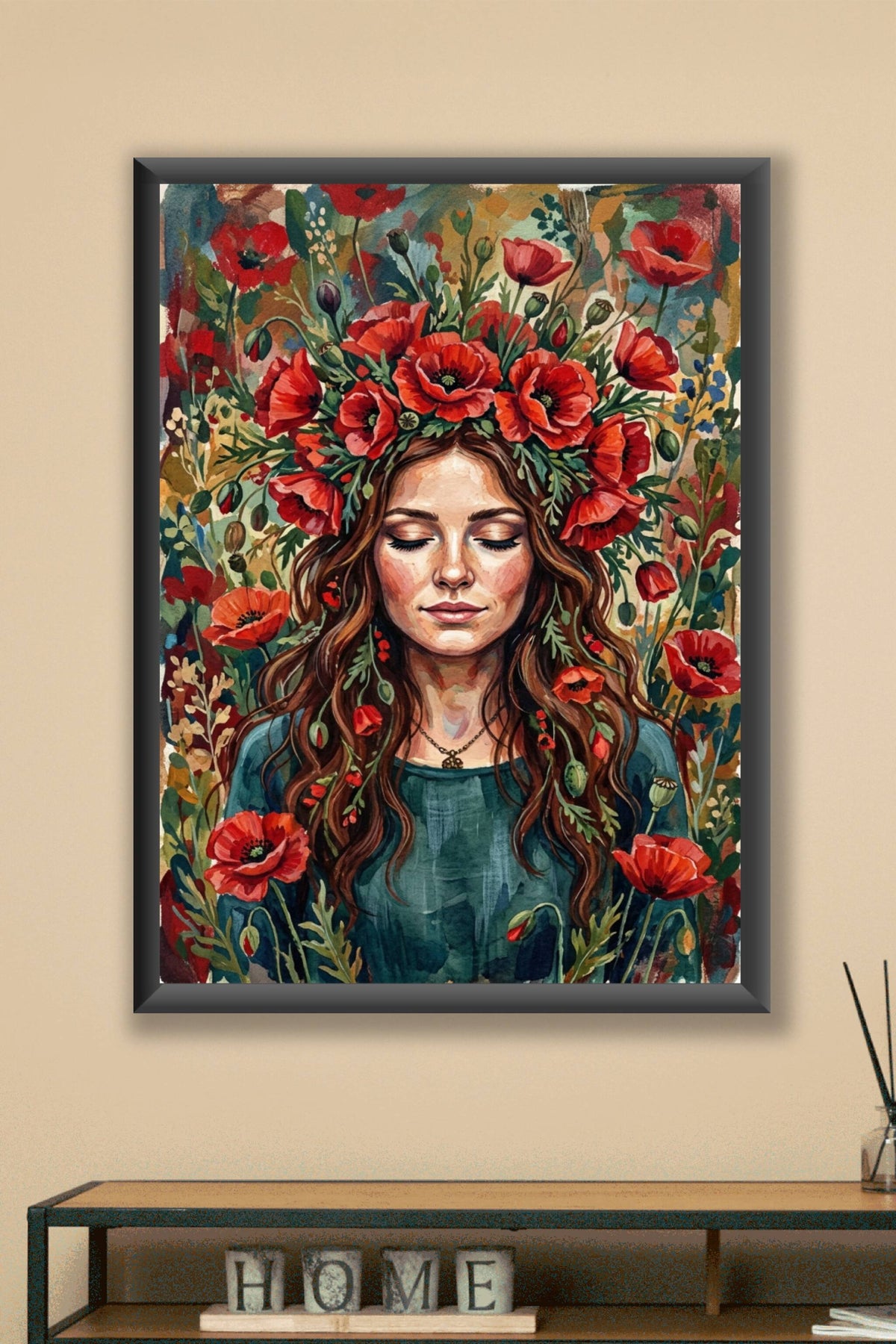 Poster Femme aux coquelicots, couronne de fleurs