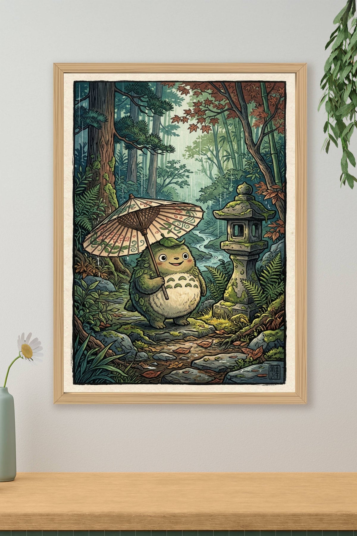 Poster Totoro Japonais, illustration forêt et lanterne