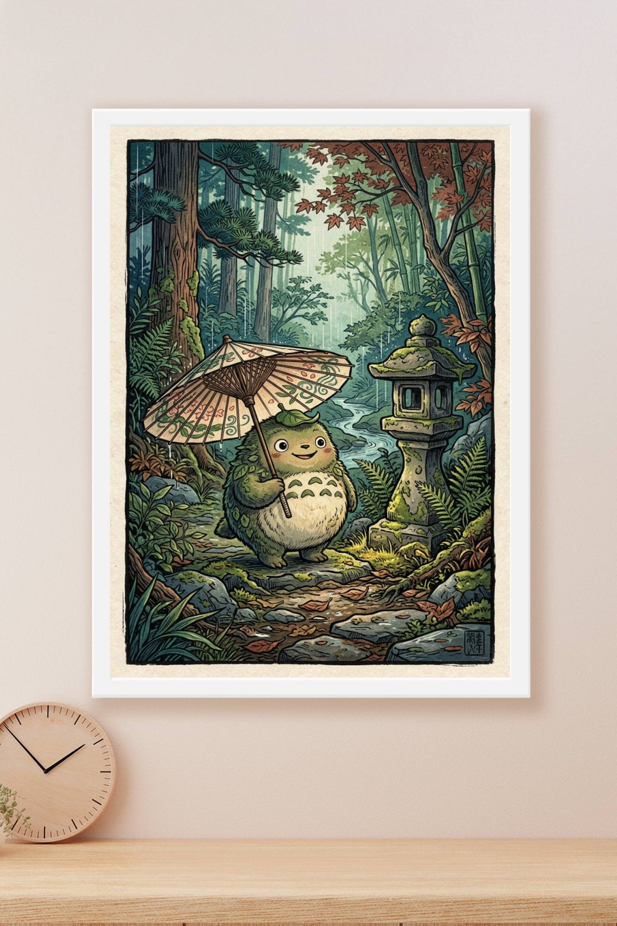 Poster Totoro Japonais, illustration forêt et lanterne