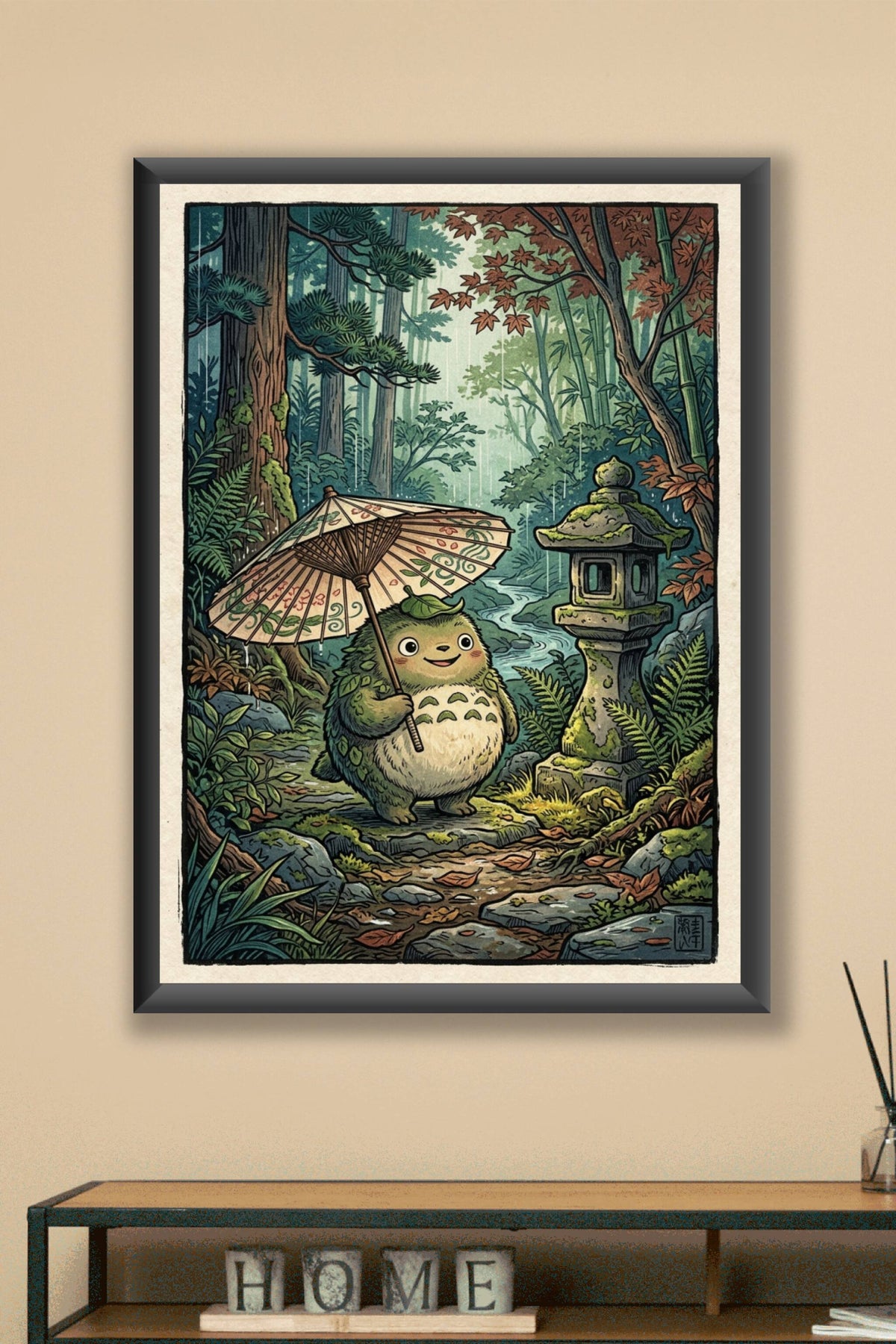 Poster Totoro Japonais, illustration forêt et lanterne