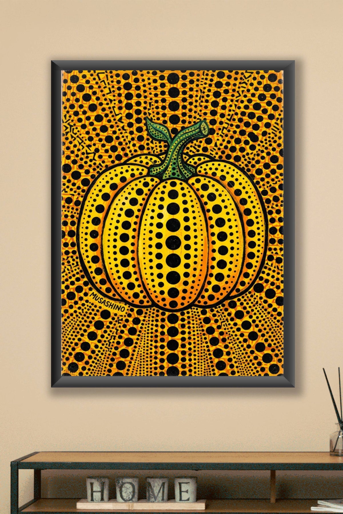 Poster Citrouille Musashino, affiche pois noirs et jaune