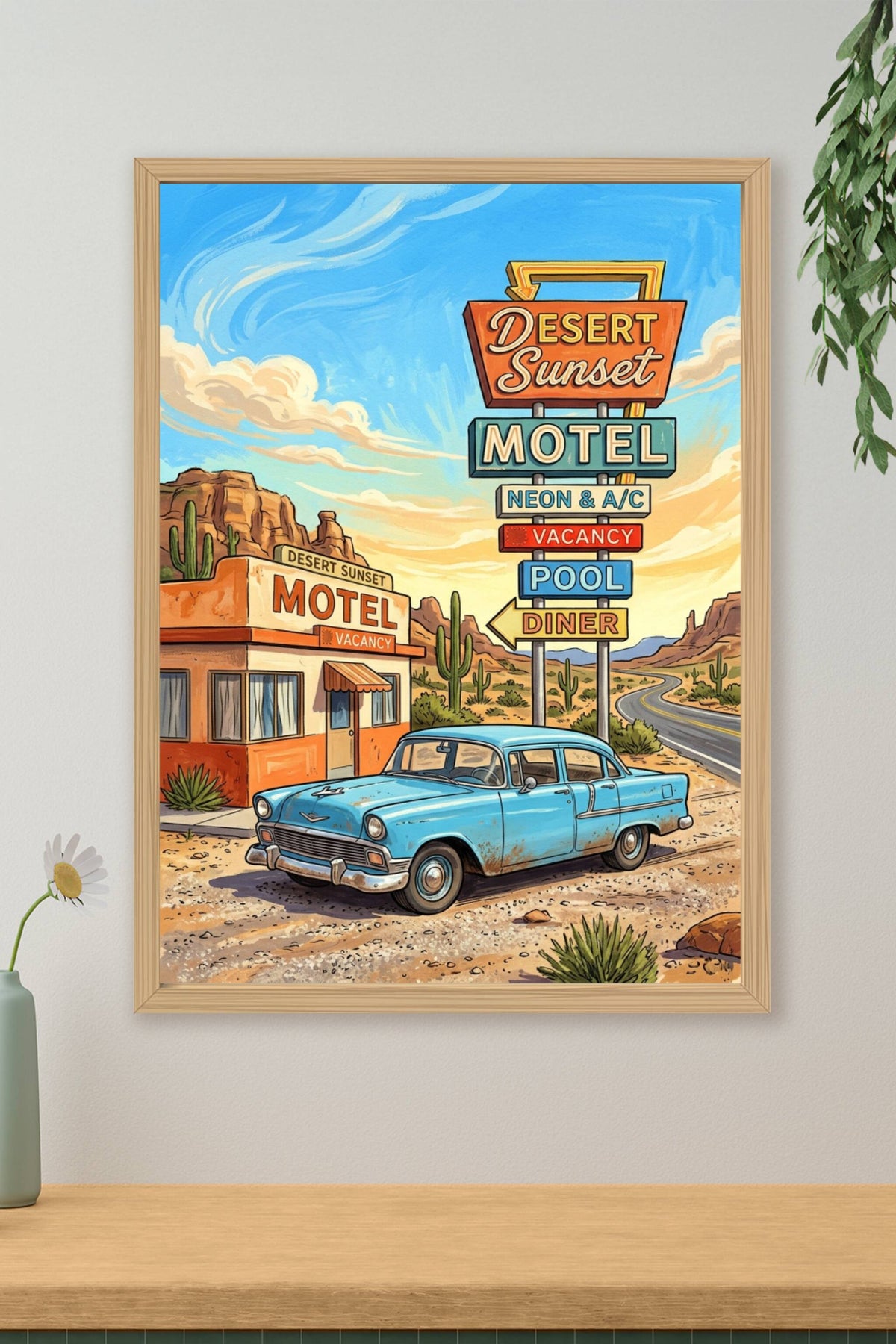 Affiche Desert Sunset Motel, poster voiture vintage