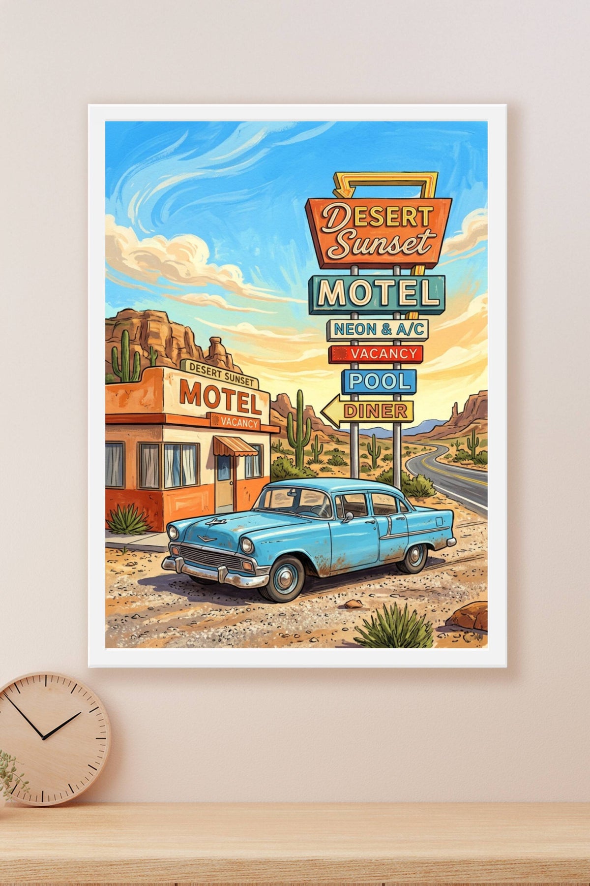 Affiche Desert Sunset Motel, poster voiture vintage