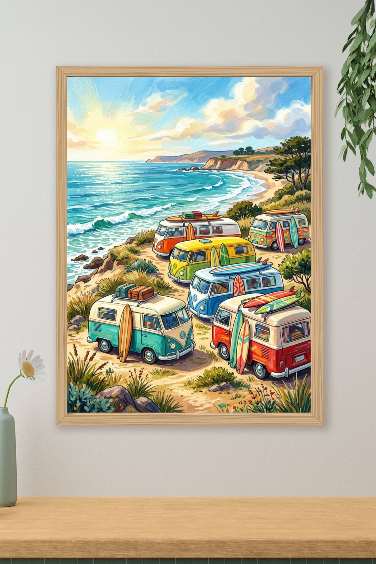 Poster Vans de surf, affiche combis sur la falaise