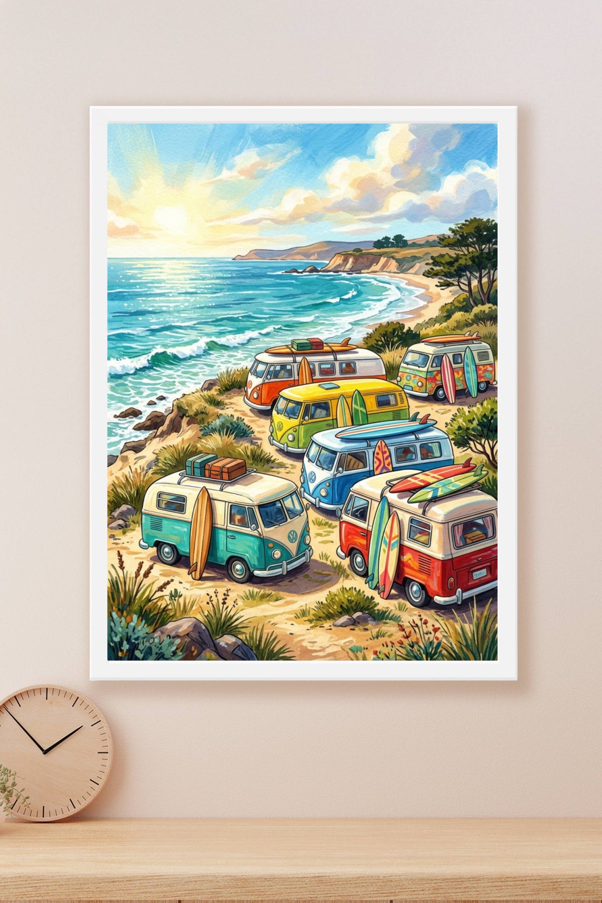 Poster Vans de surf, affiche combis sur la falaise