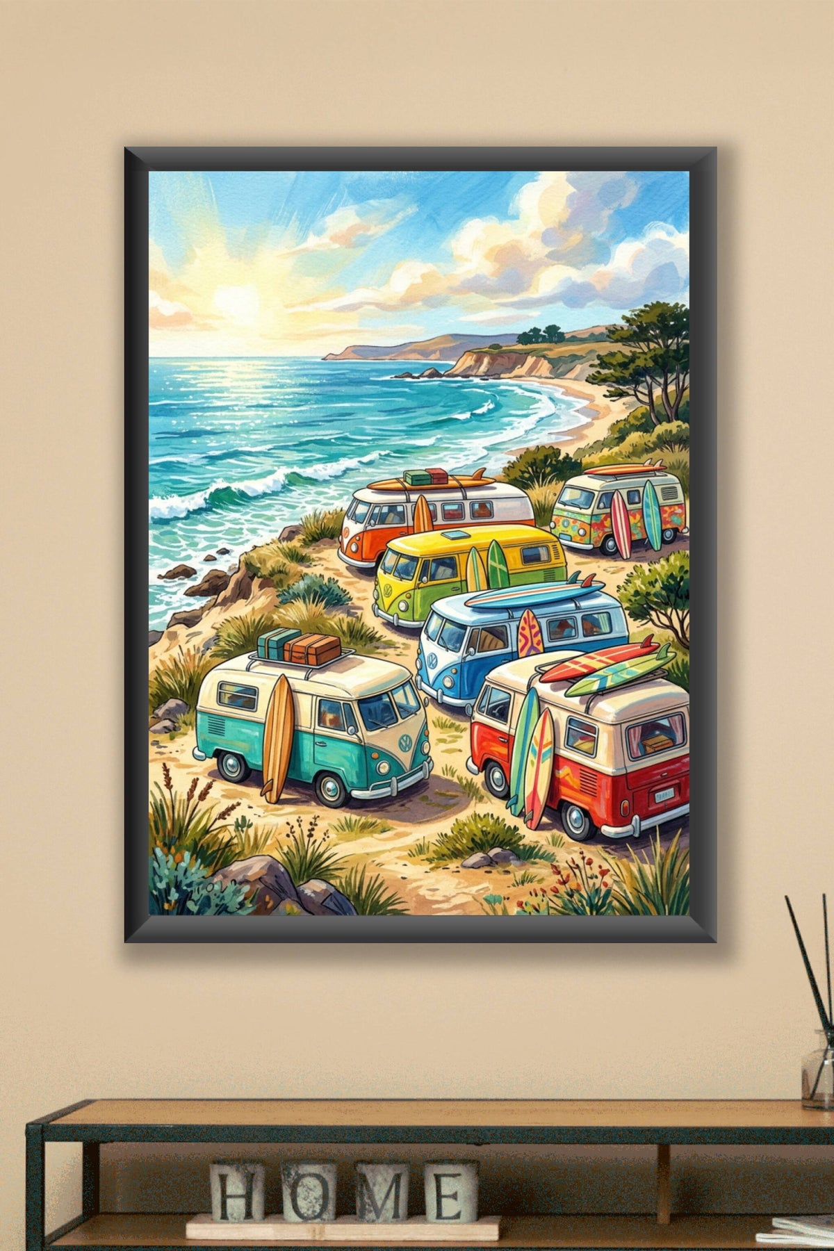 Poster Vans de surf, affiche combis sur la falaise
