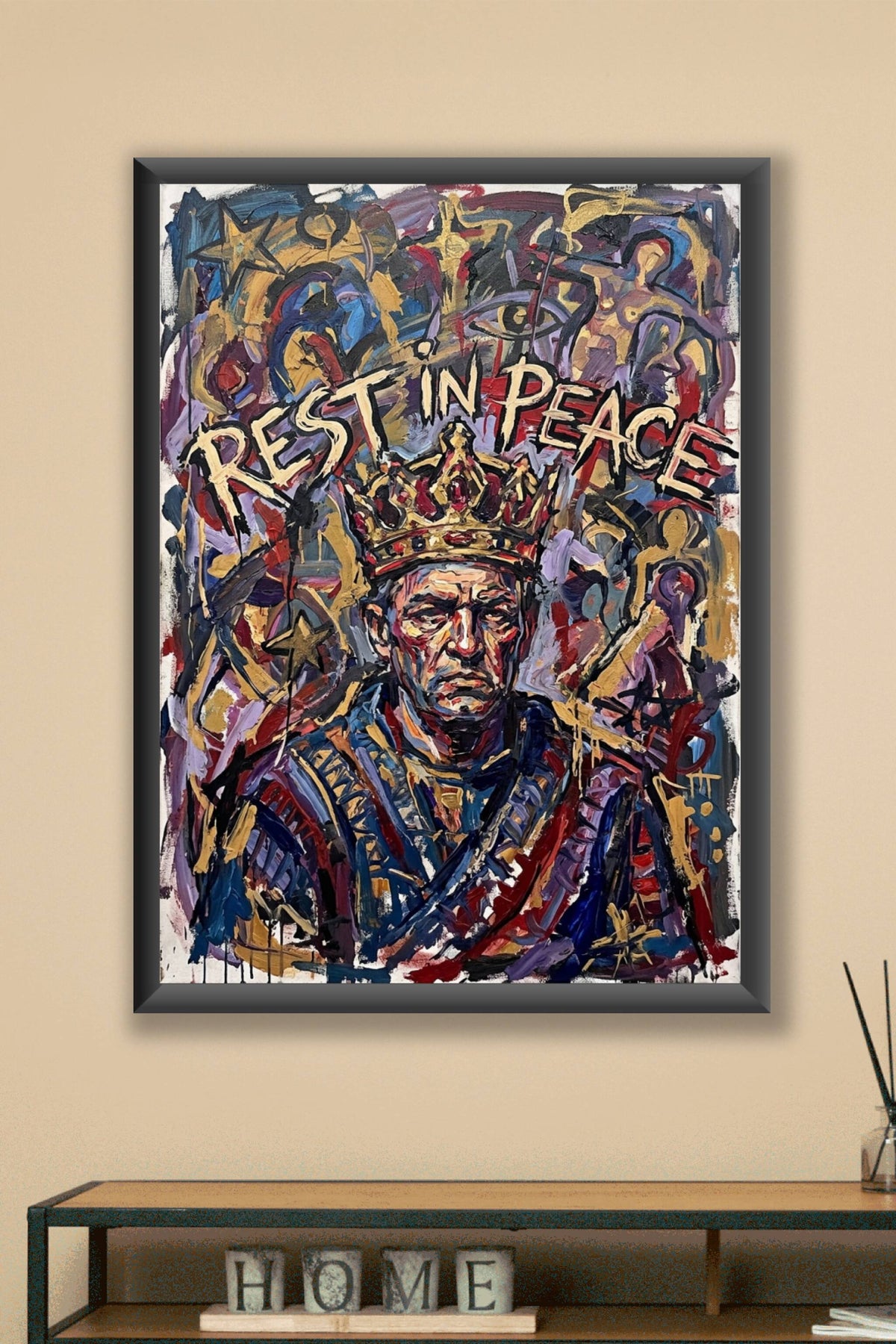 Poster du Roi Rest in Peace, affiche couronne dorée