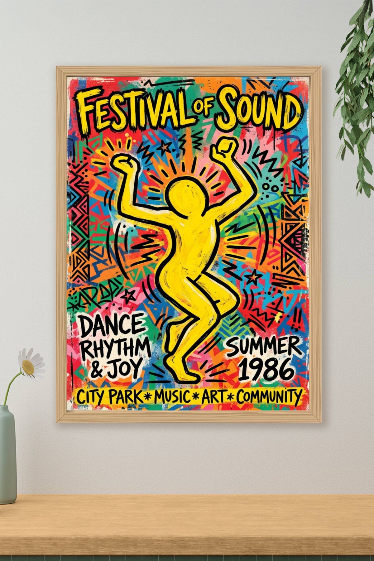Poster Festival de musique 1986, affiche street art jaune