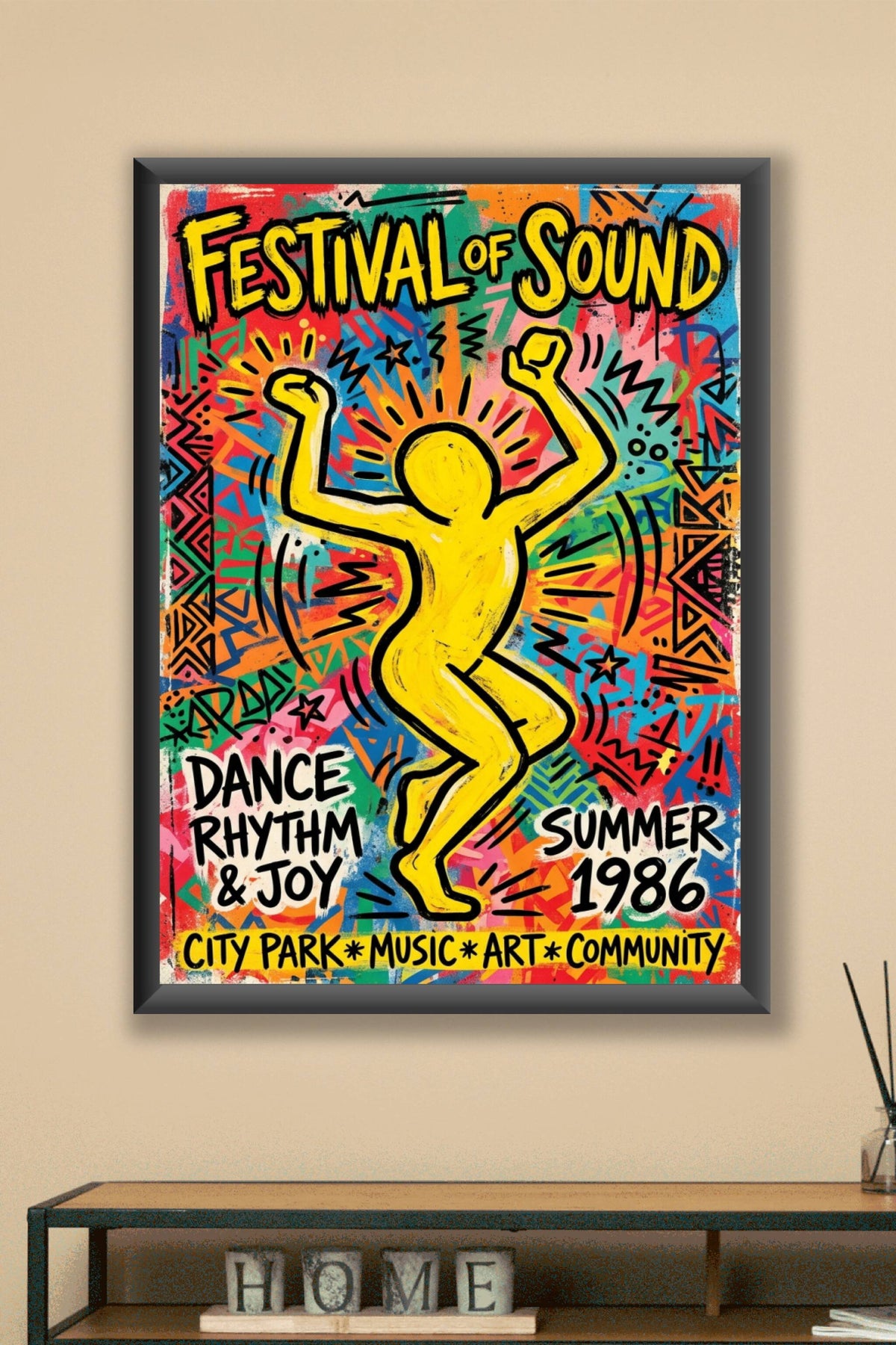 Poster Festival de musique 1986, affiche street art jaune
