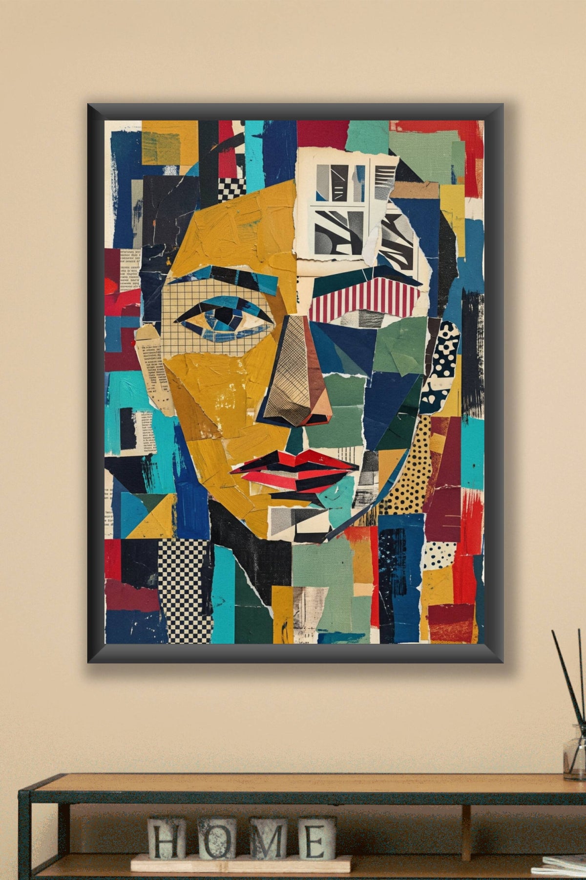Poster portrait collage abstrait, textures et damiers