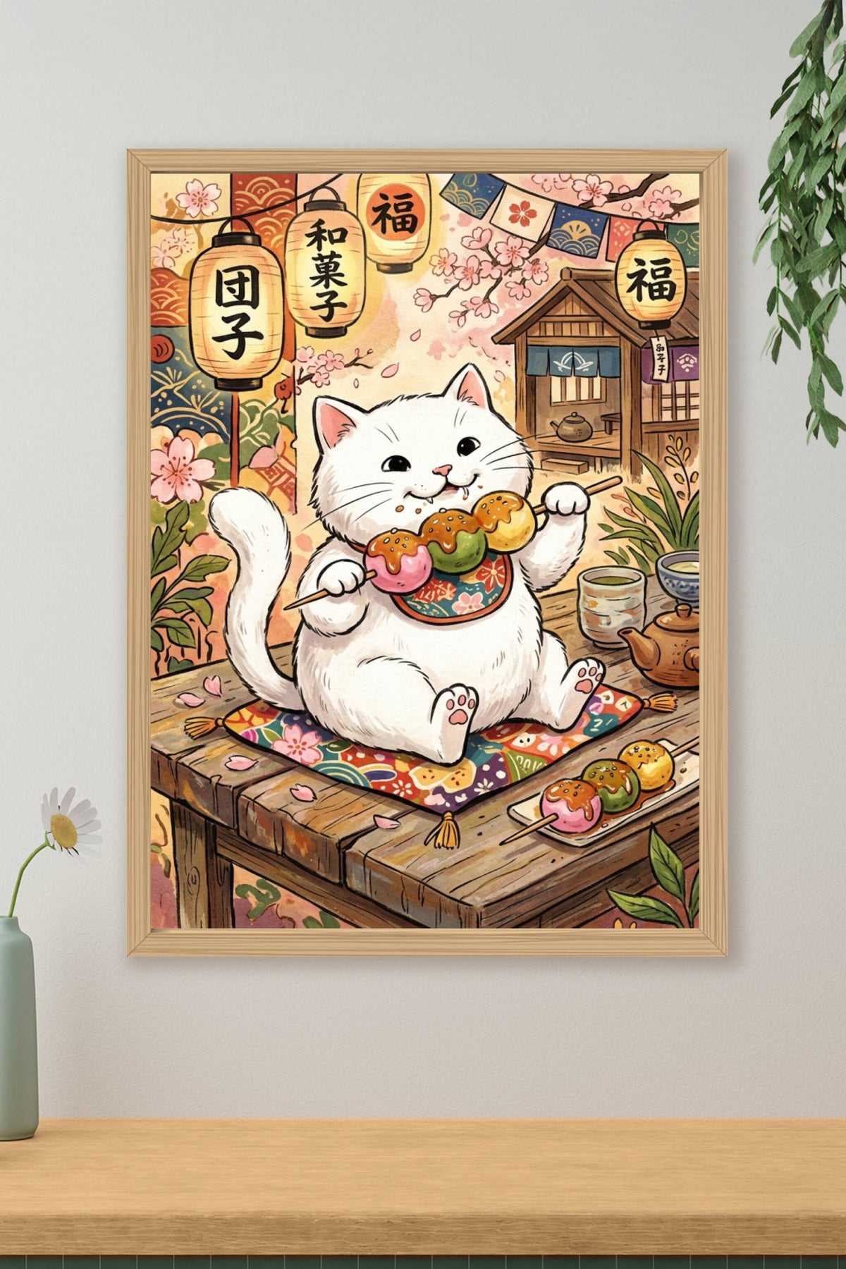 Poster chat japonais, chat mangeant des dango au salon