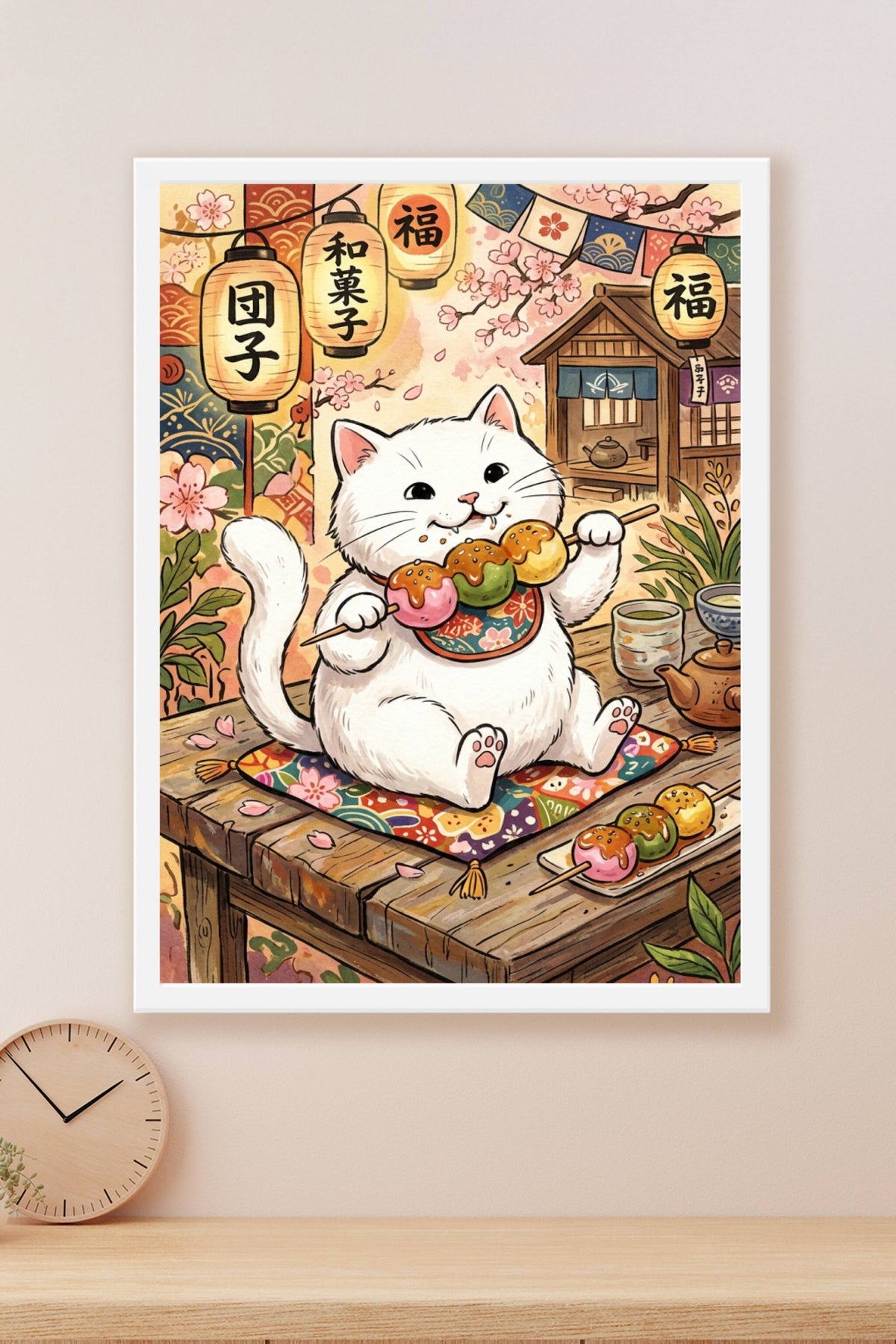 Poster chat japonais, chat mangeant des dango au salon