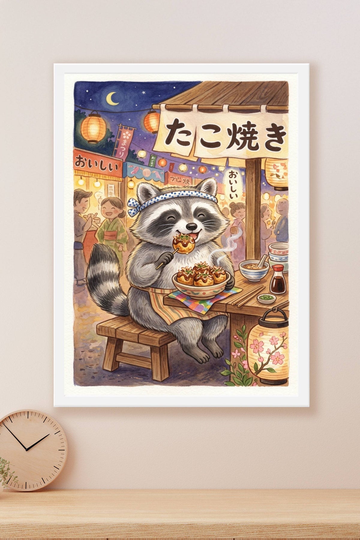 Poster Raton laveur Takoyaki, affiche style aquarelle