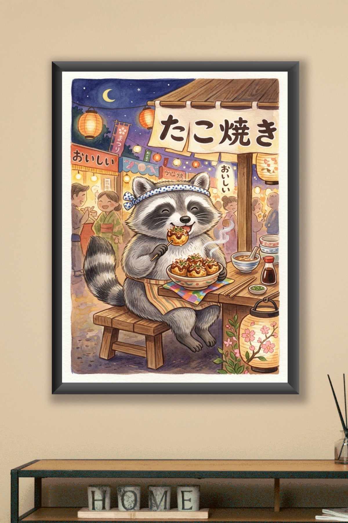 Poster Raton laveur Takoyaki, affiche style aquarelle