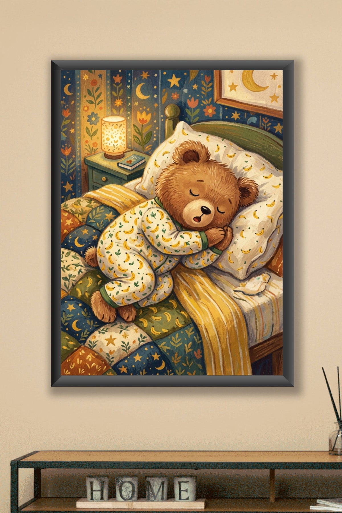 Poster Ours en pyjama, affiche déco pyjama bananes