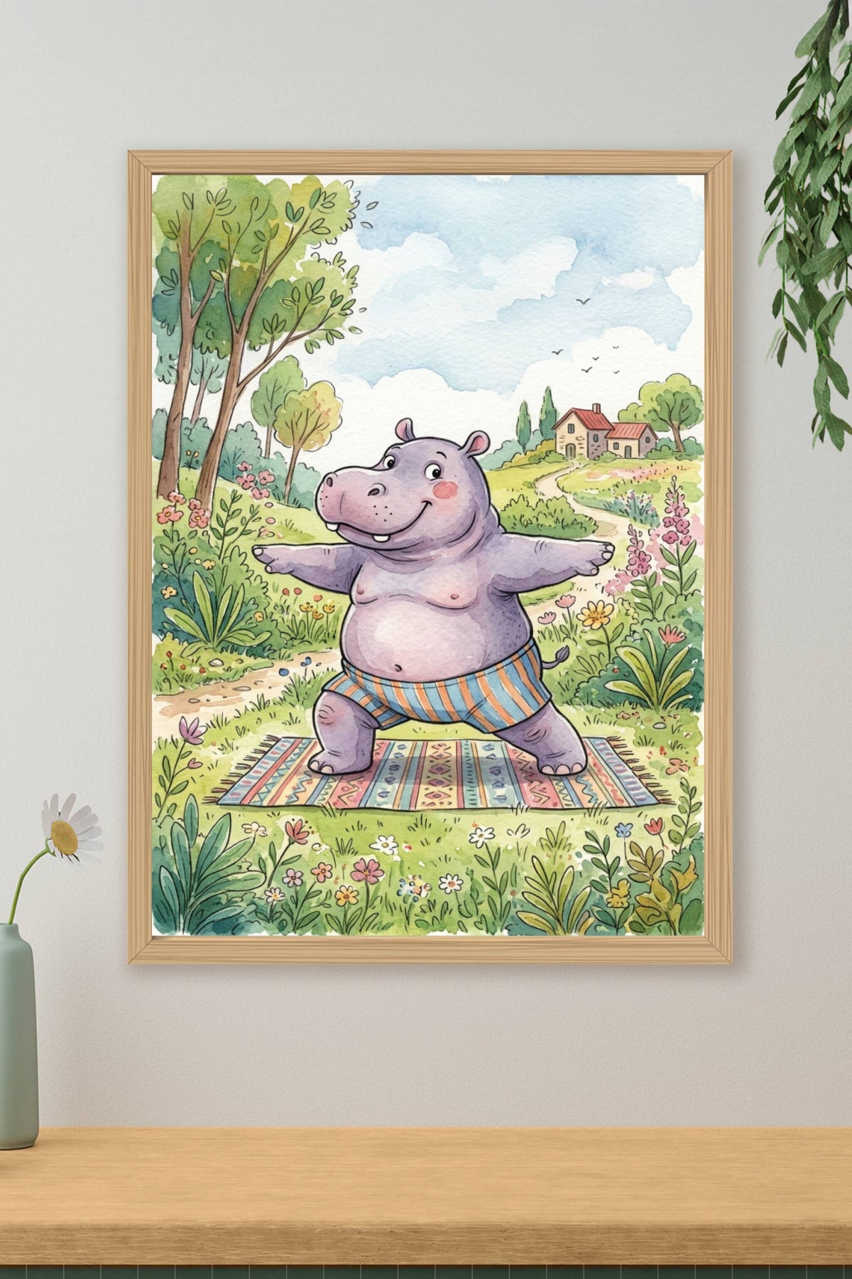 Poster Hippopotame yoga, affiche aquarelle zen