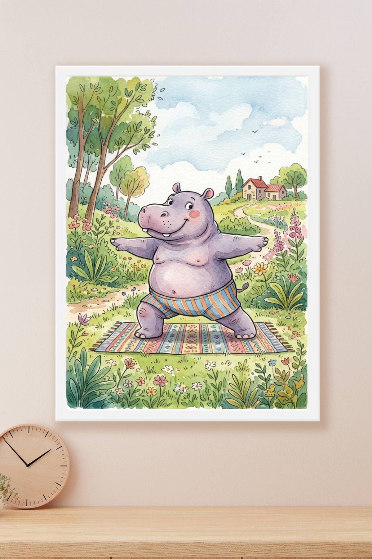 Poster Hippopotame yoga, affiche aquarelle zen