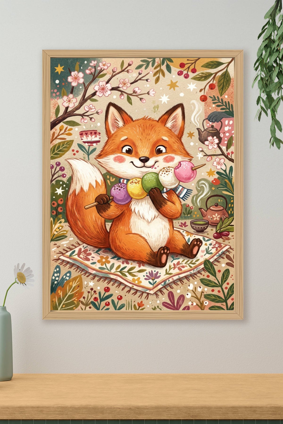 Poster Renard japonais, affiche avec dango colorés