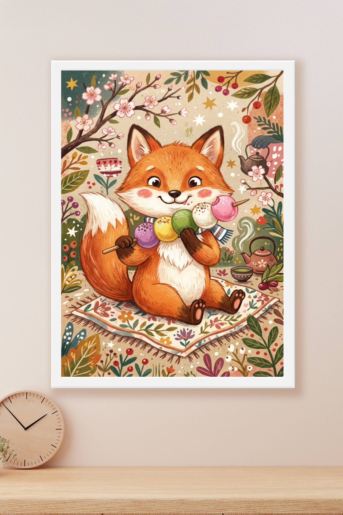 Poster Renard japonais, affiche avec dango colorés