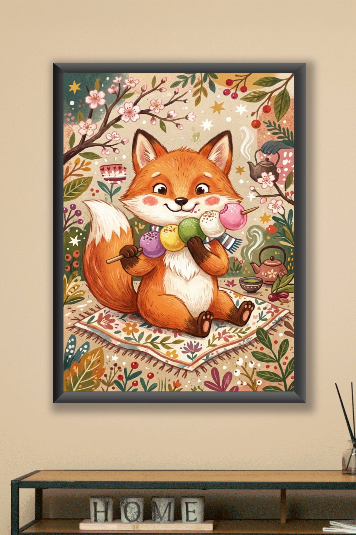 Poster Renard japonais, affiche avec dango colorés
