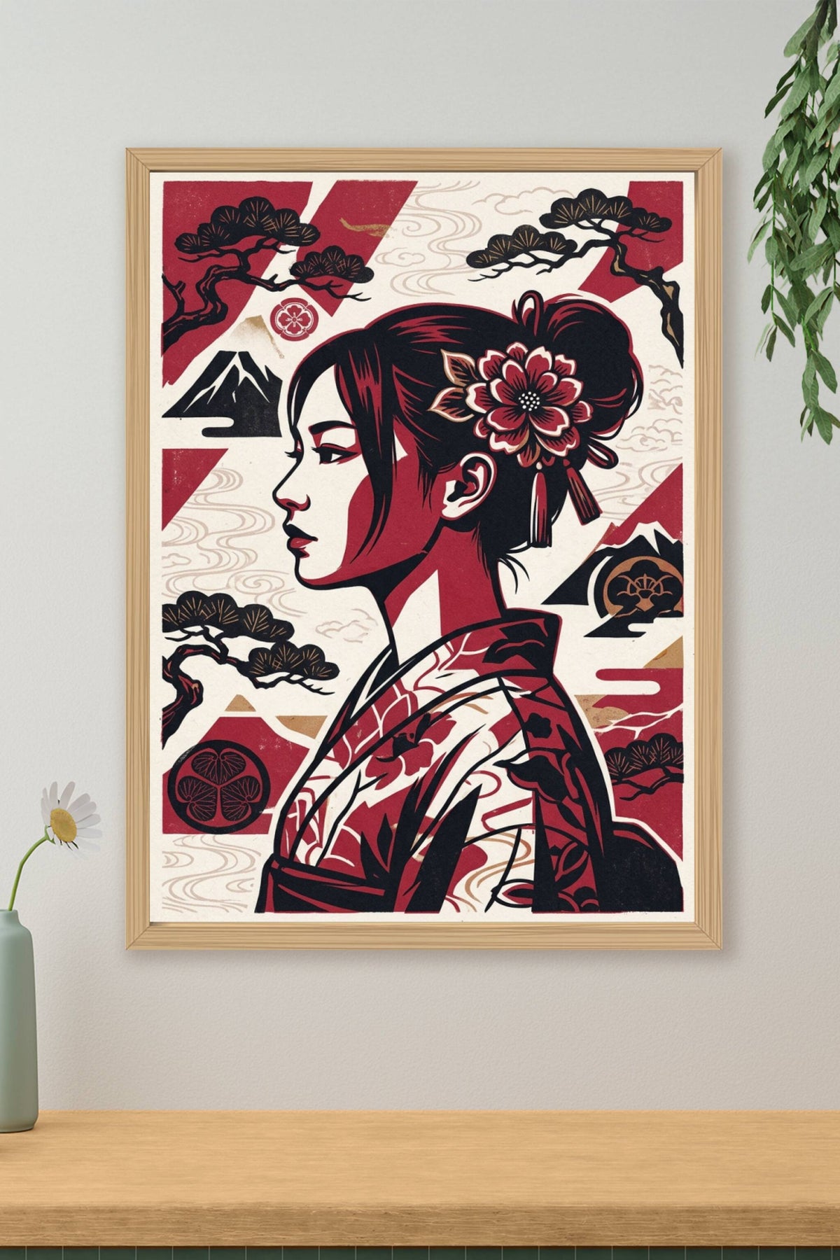 Poster Japonaise au Mont Fuji, style estampe rouge