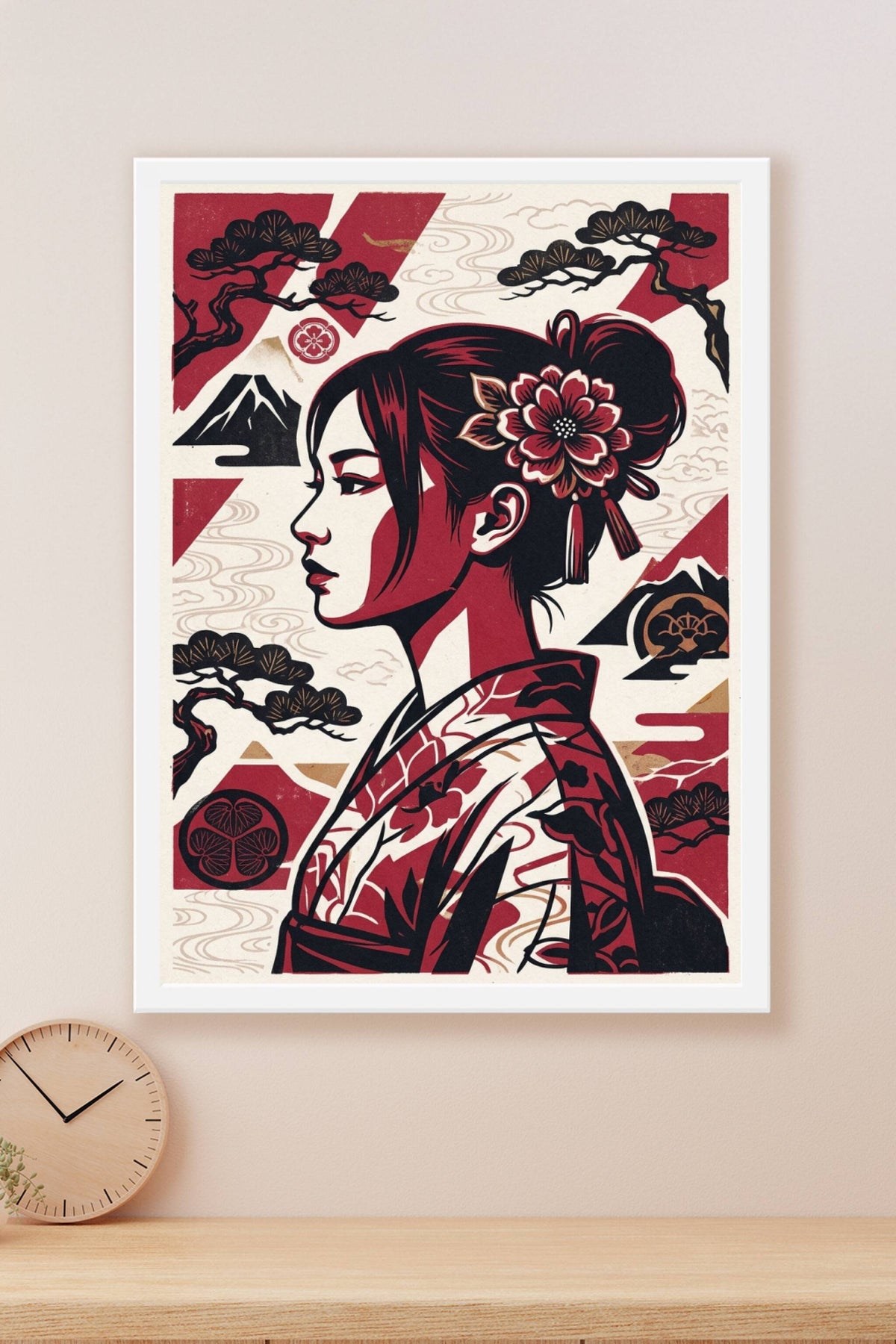 Poster Japonaise au Mont Fuji, style estampe rouge