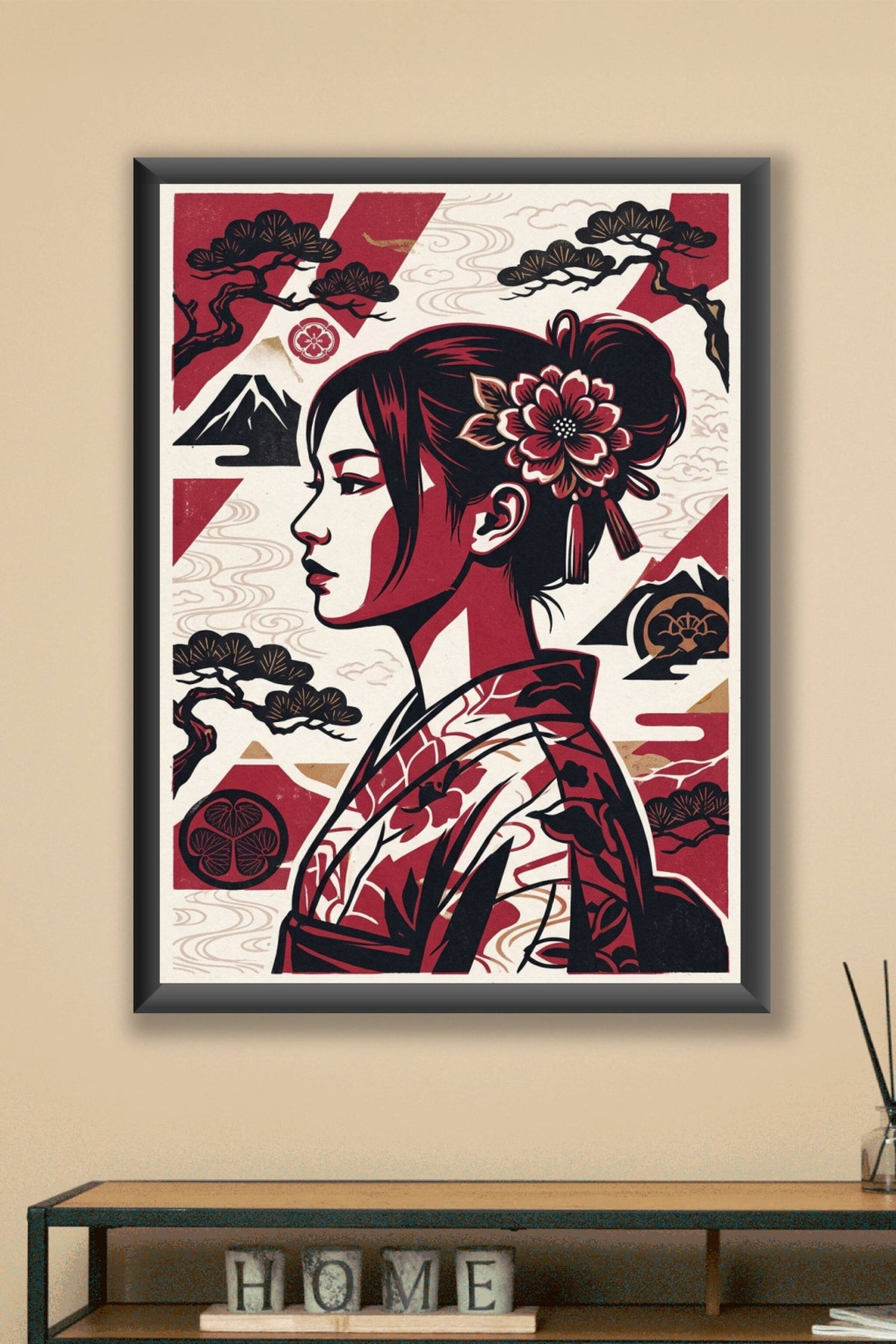 Poster Japonaise au Mont Fuji, style estampe rouge