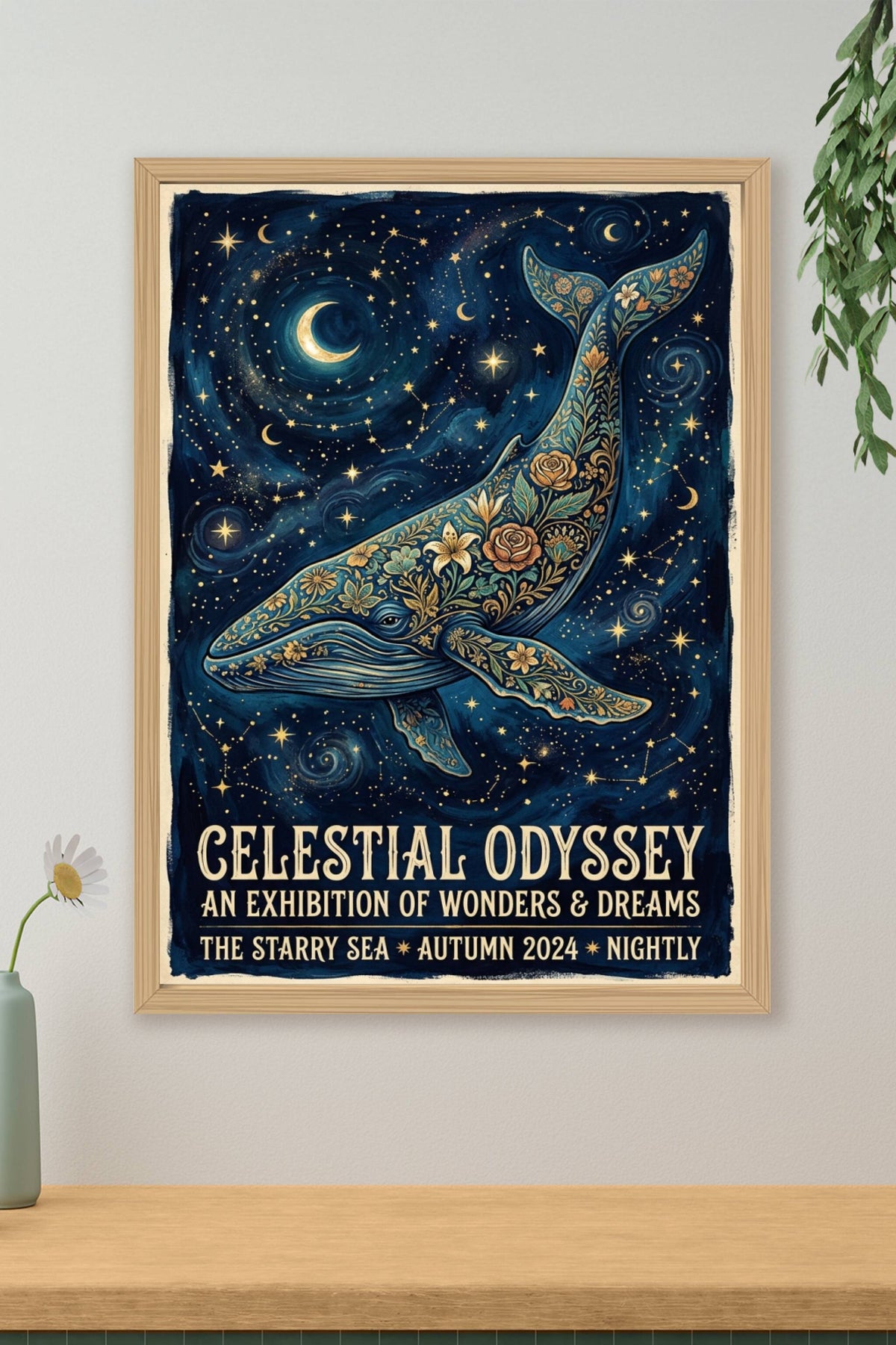 Affiche de la Baleine céleste, poster fleurs dorées