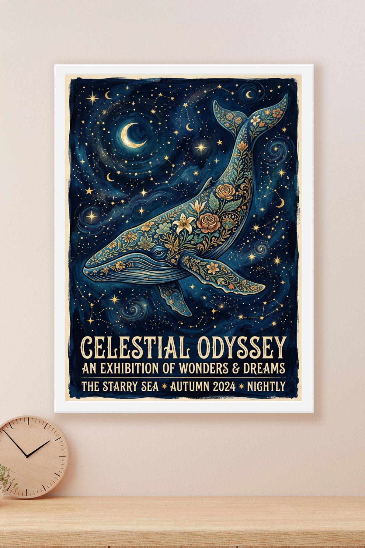 Affiche de la Baleine céleste, poster fleurs dorées