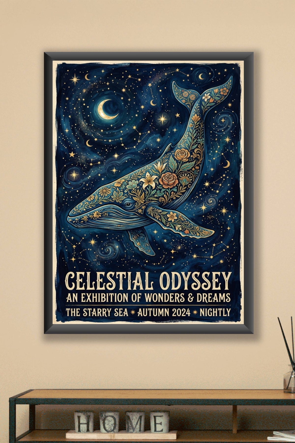 Affiche de la Baleine céleste, poster fleurs dorées