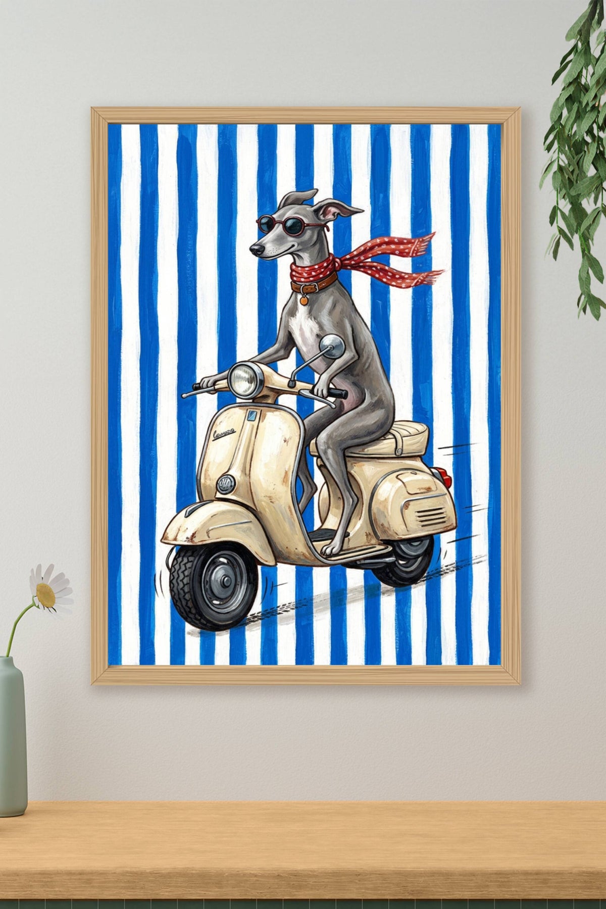 Affiche Lévrier sur scooter, poster écharpe à pois