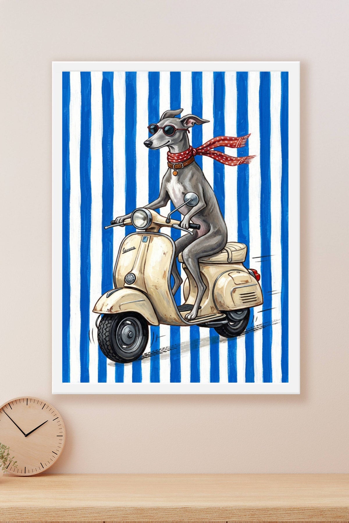 Affiche Lévrier sur scooter, poster écharpe à pois