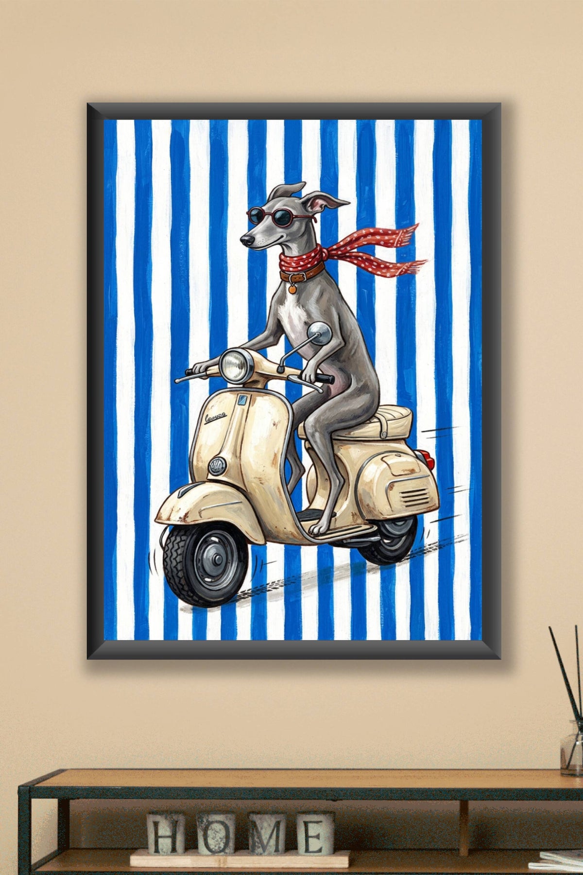 Affiche Lévrier sur scooter, poster écharpe à pois