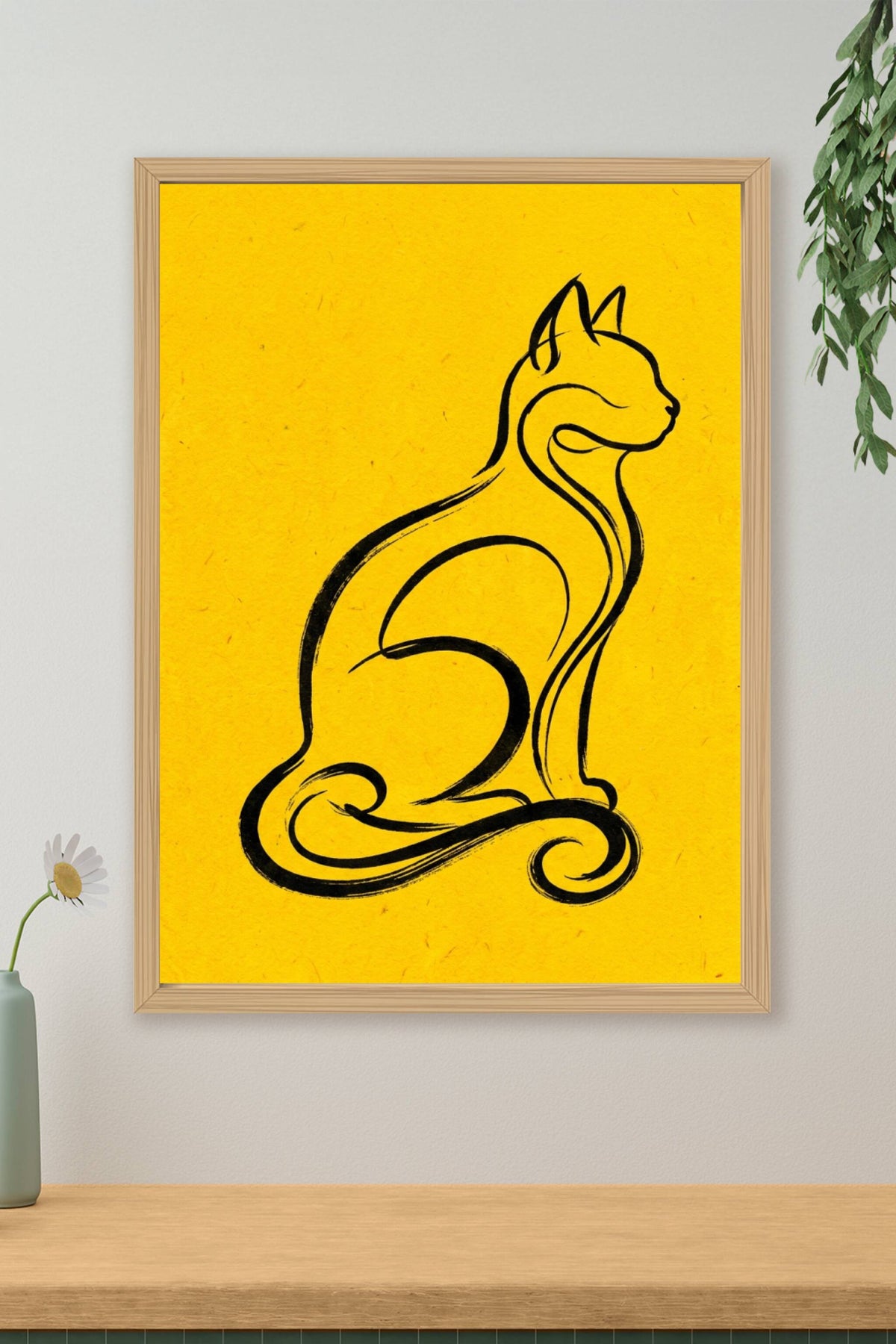 Affiche Chat minimaliste, poster fond jaune pour salon