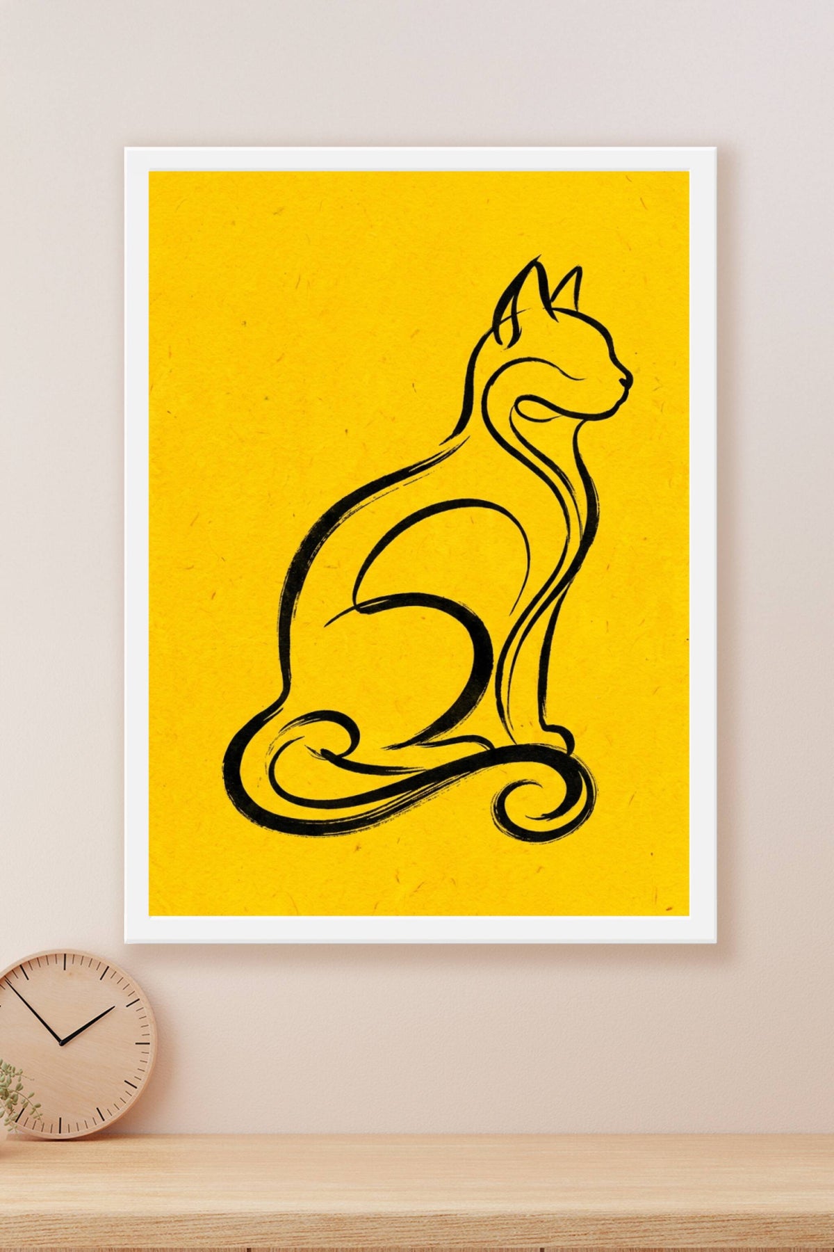 Affiche Chat minimaliste, poster fond jaune pour salon