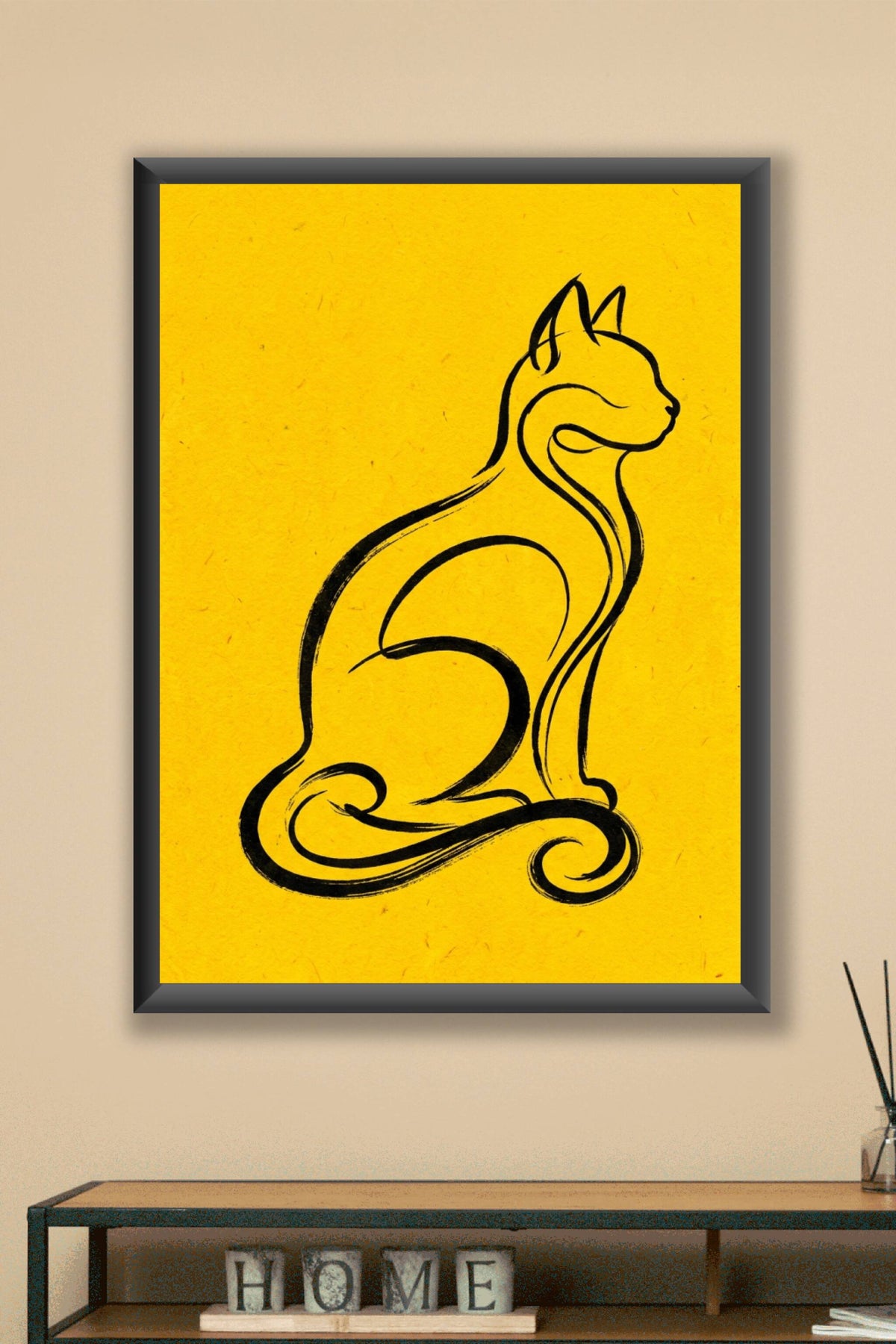 Affiche Chat minimaliste, poster fond jaune pour salon