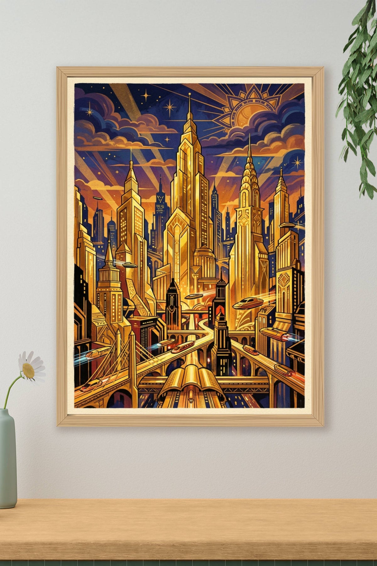 Poster Cité futuriste Art Déco, gratte-ciel dorés vintage
