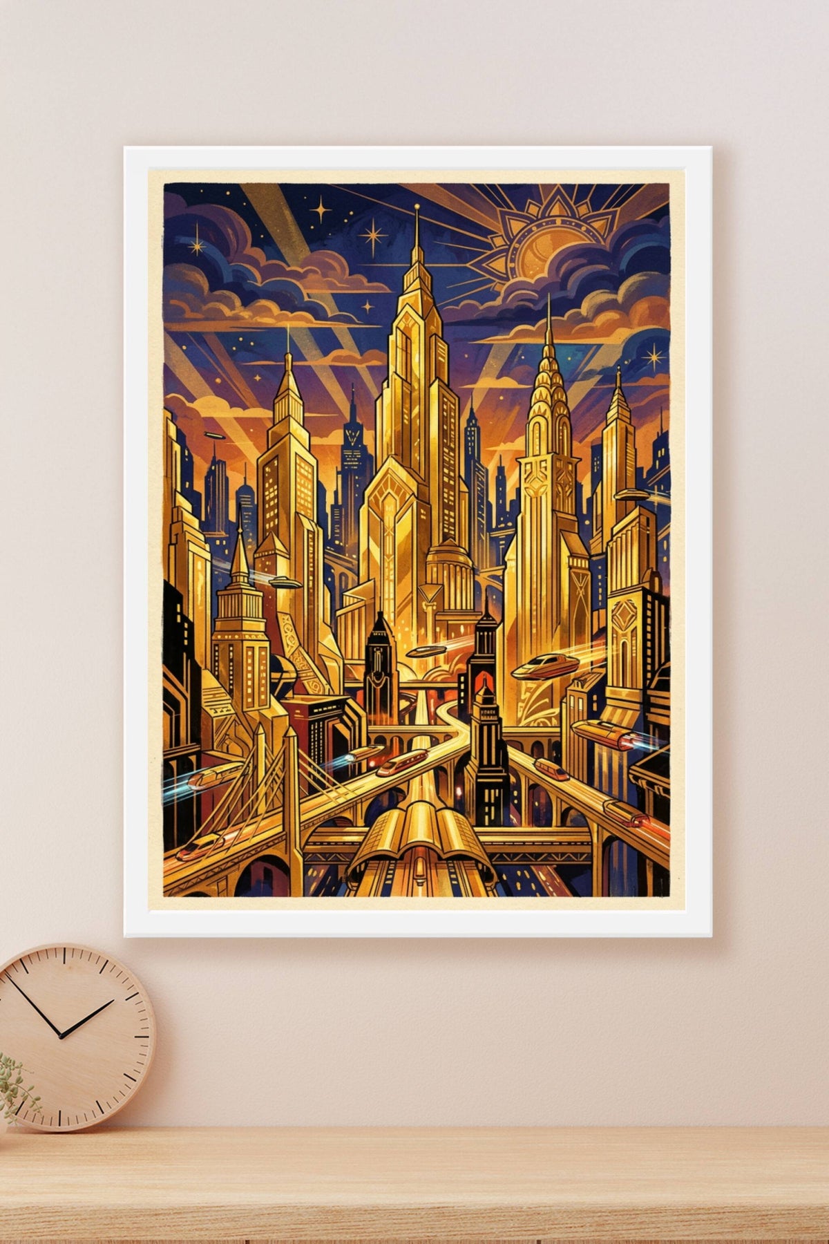 Poster Cité futuriste Art Déco, gratte-ciel dorés vintage