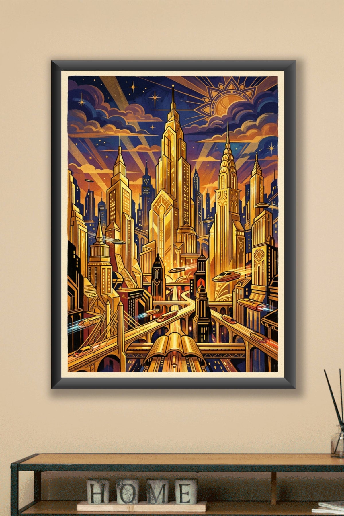 Poster Cité futuriste Art Déco, gratte-ciel dorés vintage