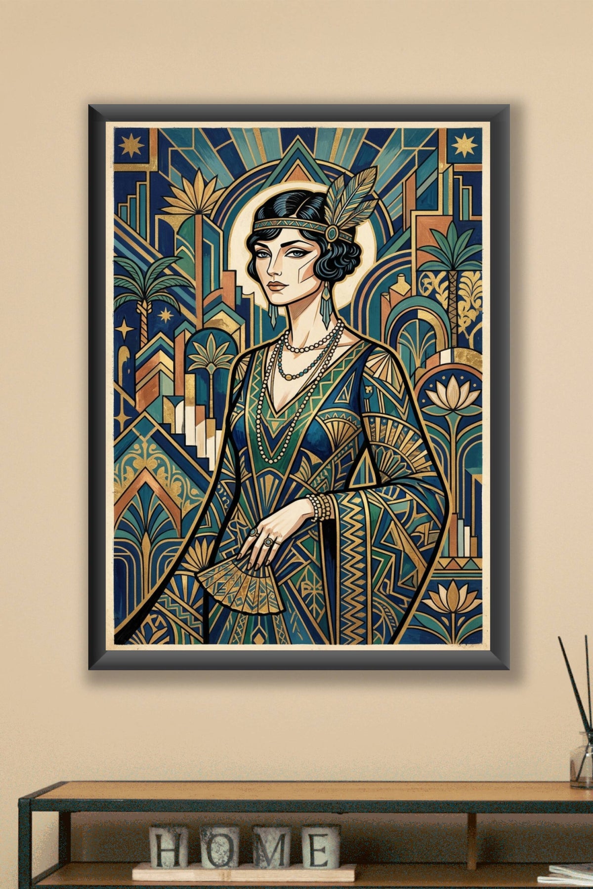 Poster Art Déco, affiche style Gatsby bleu et or salon