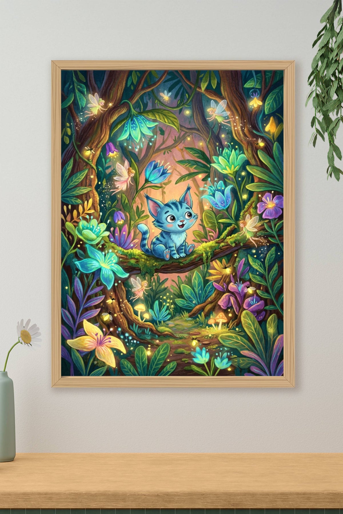 Affiche Chat bleu enchanté, poster forêt fées