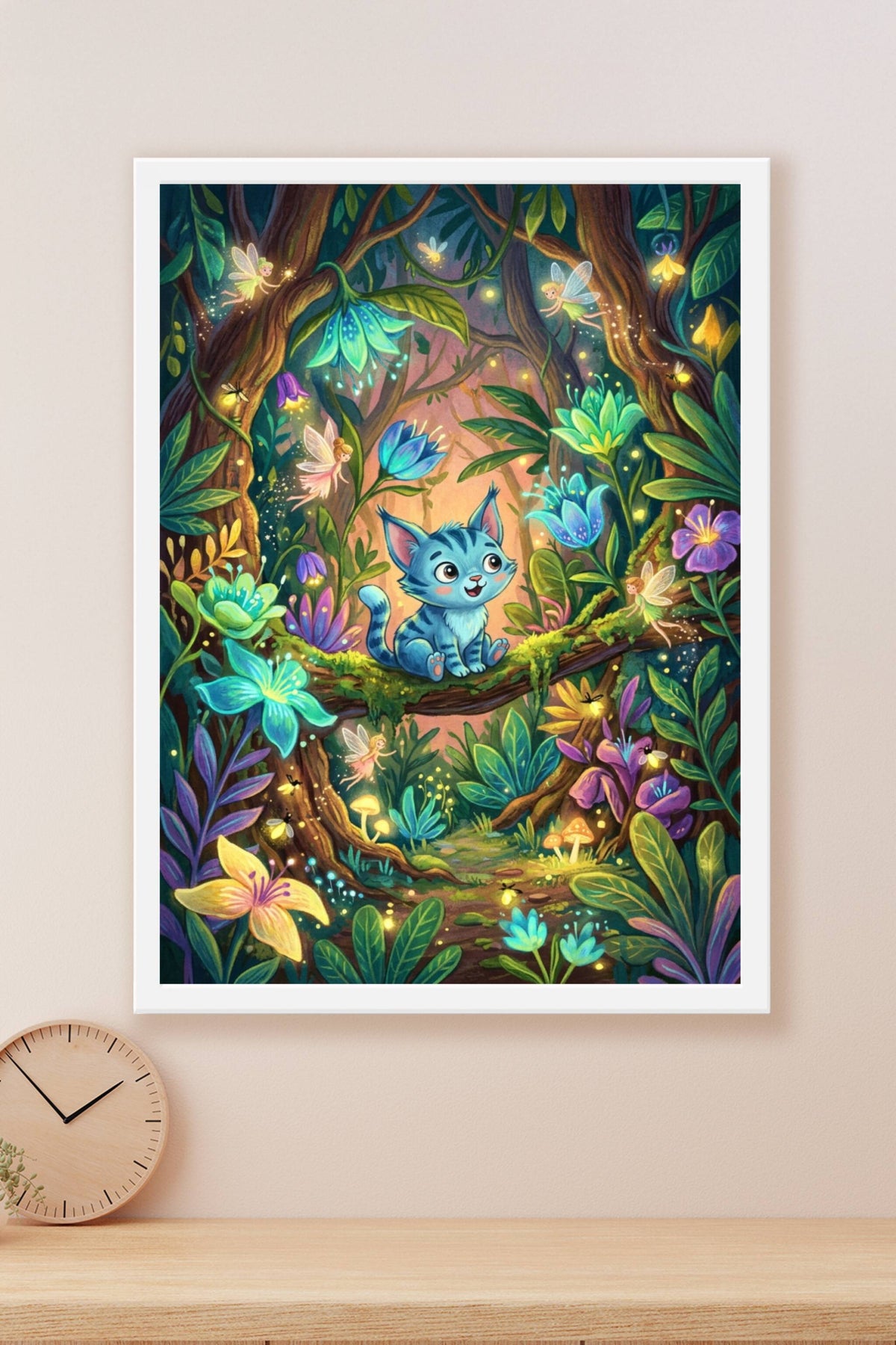 Affiche Chat bleu enchanté, poster forêt fées