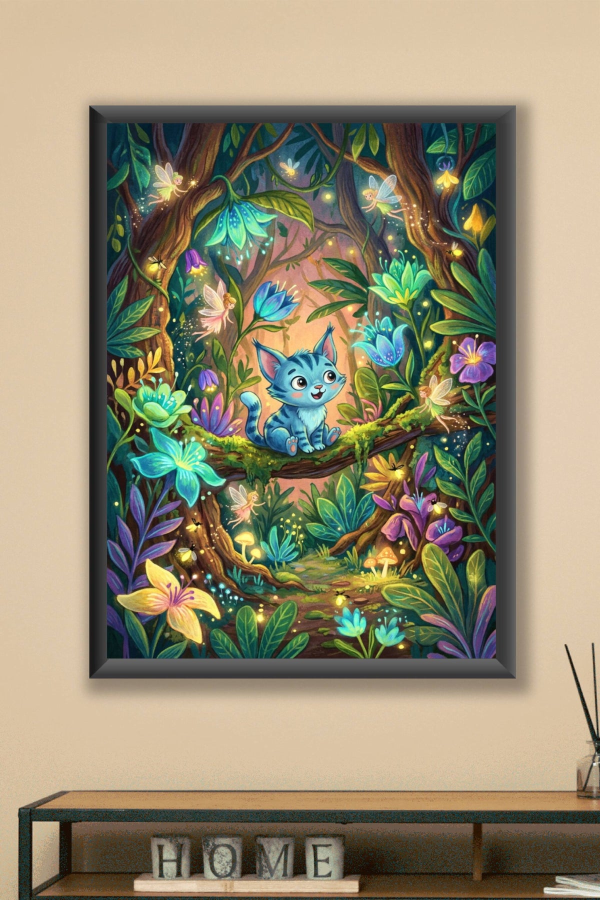 Affiche Chat bleu enchanté, poster forêt fées