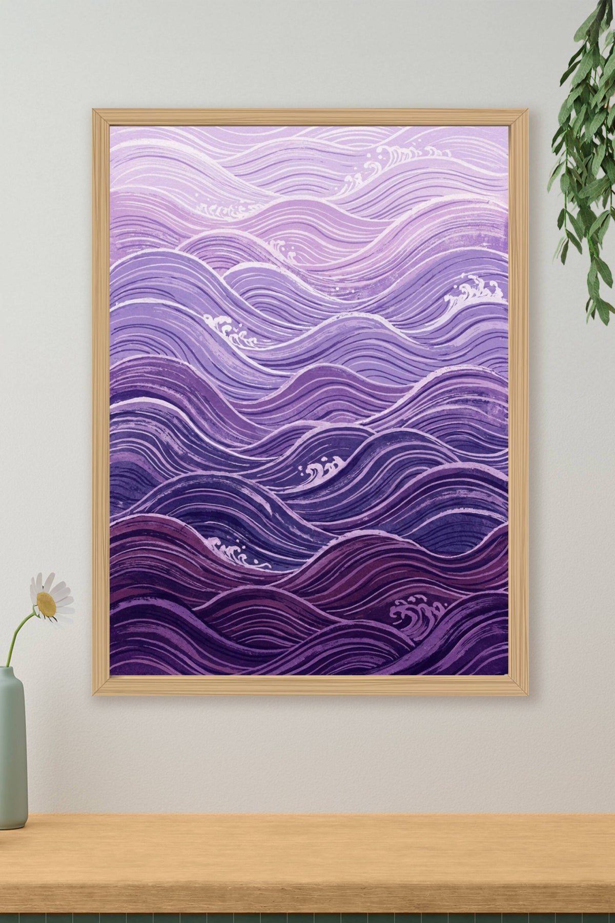 Affiche de vagues japonaises, poster déco violette