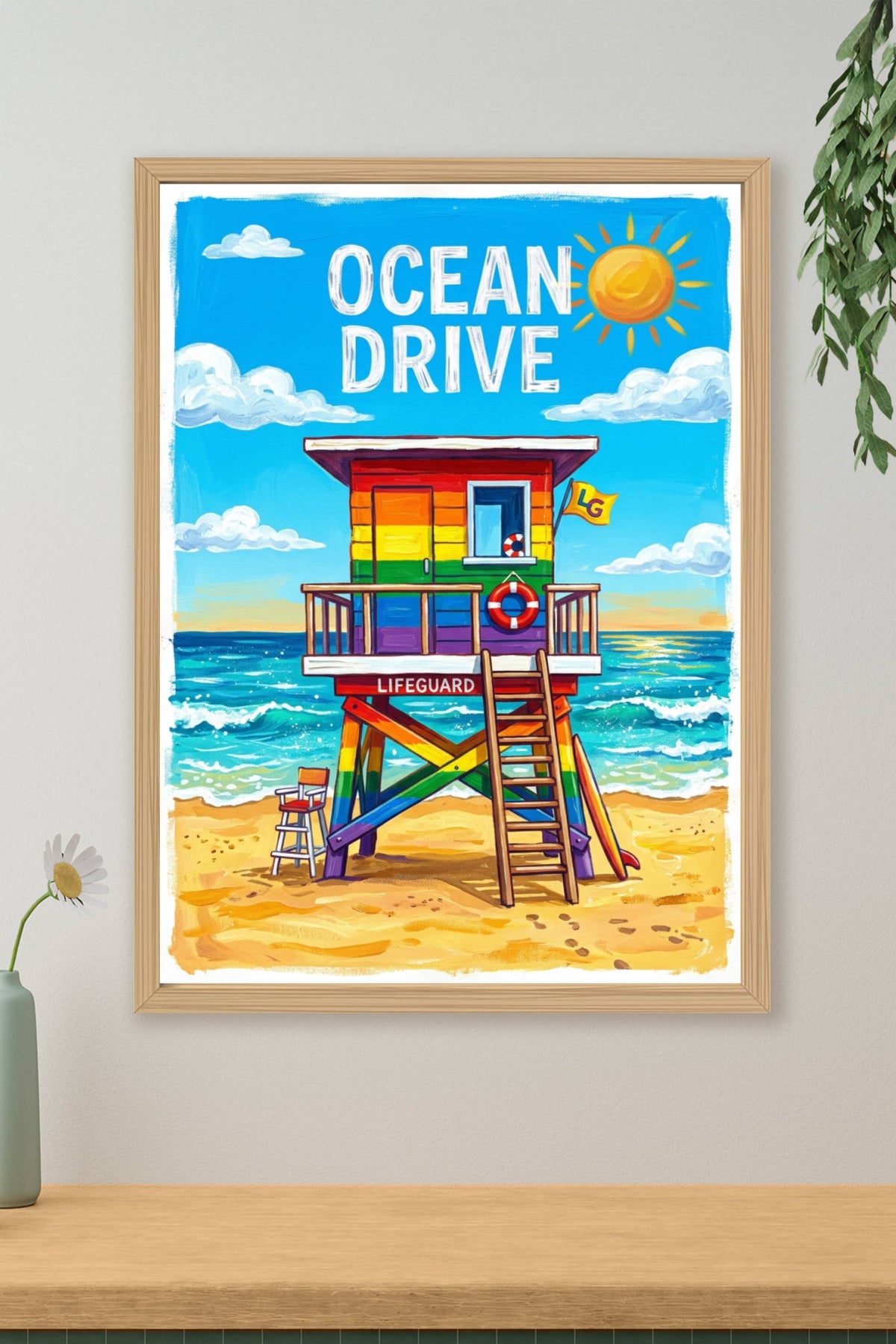 Poster Ocean Drive à Miami, affiche cabane arc-en-ciel