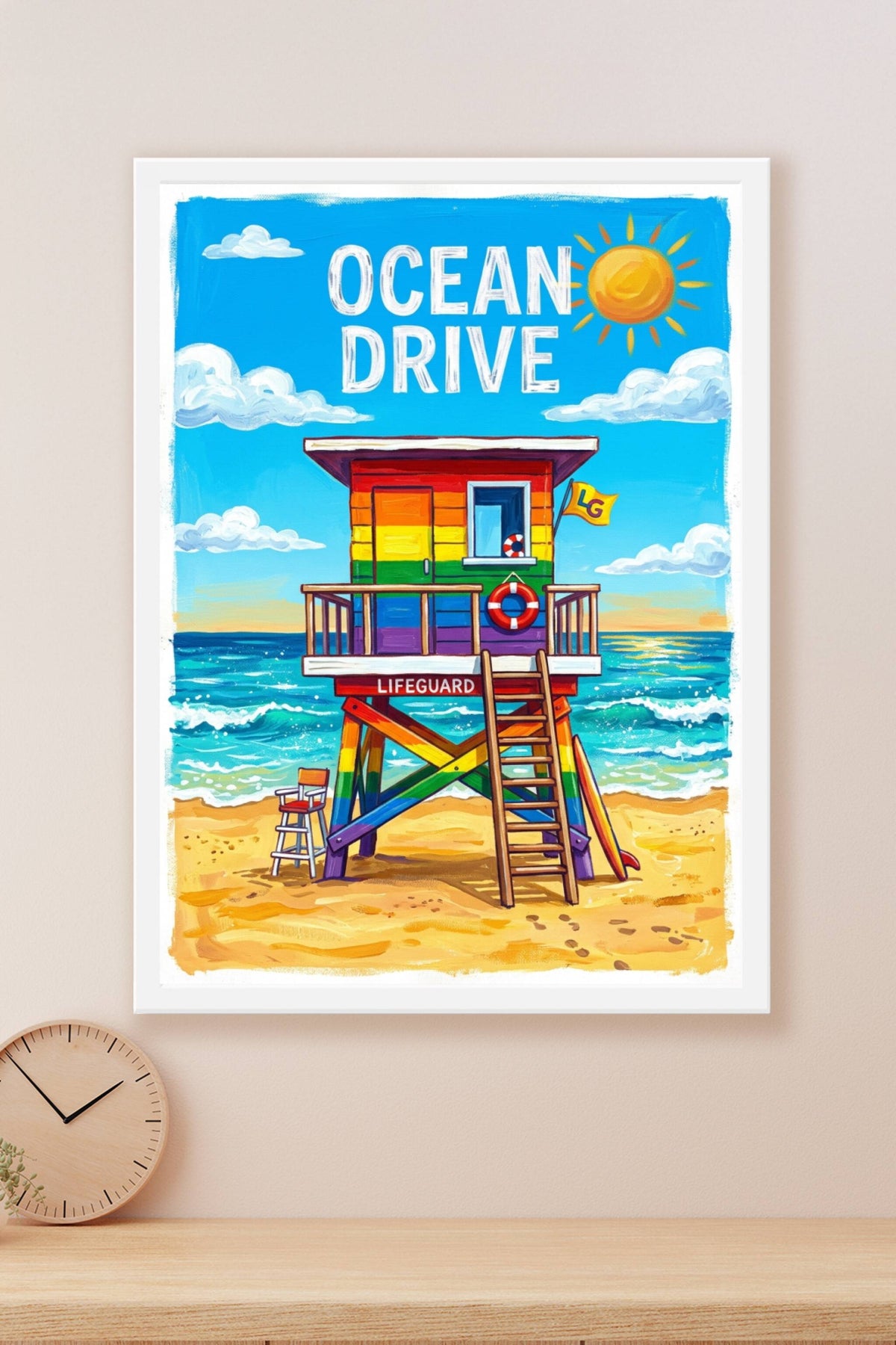 Poster Ocean Drive à Miami, affiche cabane arc-en-ciel