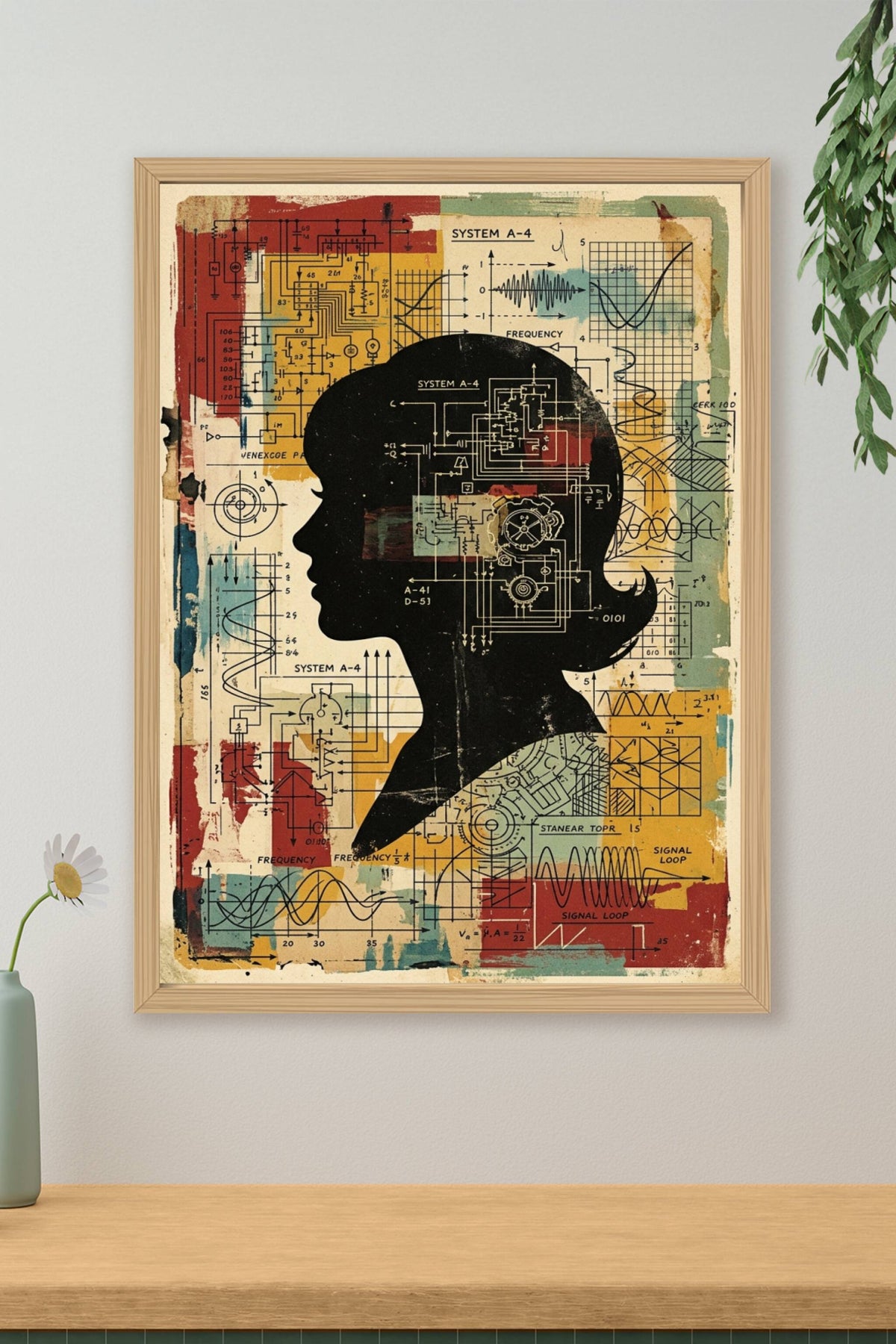 Poster de la femme aux schémas techniques, style industriel