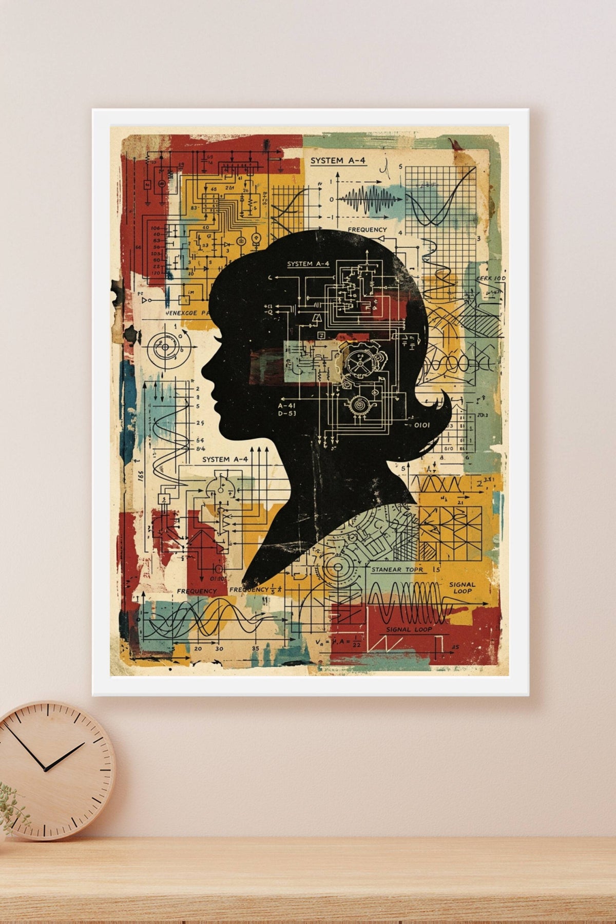 Poster de la femme aux schémas techniques, style industriel