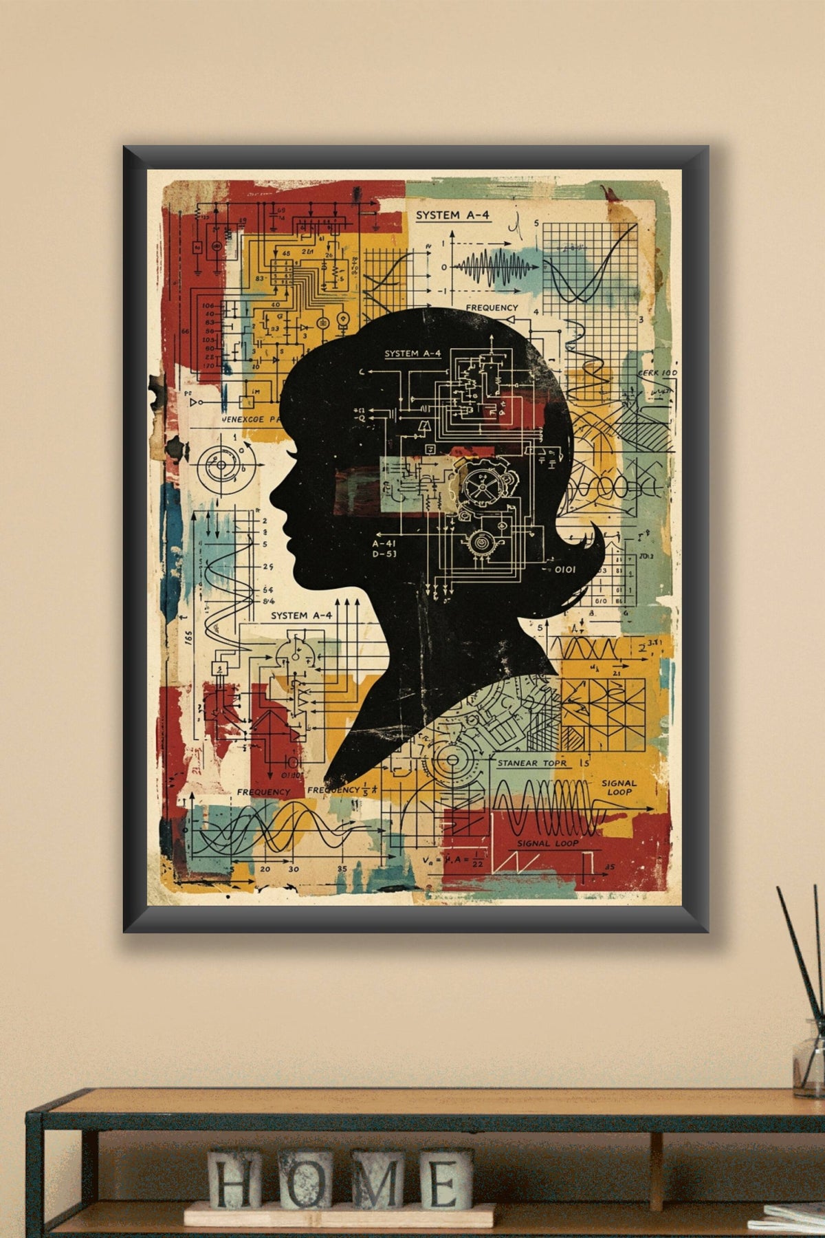 Poster de la femme aux schémas techniques, style industriel
